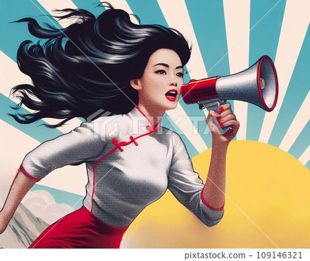Background material of a young woman cheering with a megaphone (used in sale flyers and pamphlets) 109146321