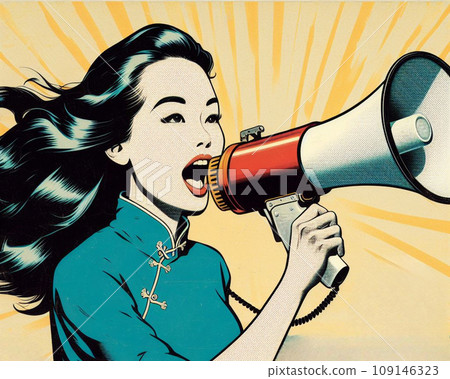 Background material of a young woman cheering with a megaphone (used in sale flyers and pamphlets) 109146323