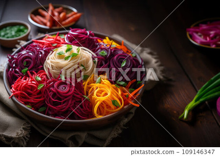 Vegetable noodle concept - selection of vegetable spaghetti, low carb diet alternative 109146347