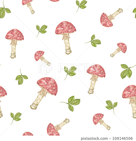 Watercolor pattern with Red fly agarics on a white background. Watercolor botanical drawing on fabric. Scandinavian wallpaper texture. Seamless pattern of hand-drawn design elements Watercolor pattern with Red fly agarics on a white background. Watercolor botanical drawing on fabric. Scandinavian wallpaper texture. Seamless pattern of hand-drawn design elements 109146506