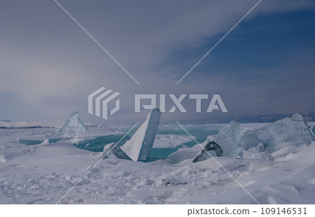 On the ice of Lake Baikal. beautiful pieces of ice. Ice hummock on the ice of lake Baikal 109146531