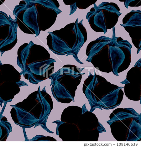 Cotton flowers Watercolor seamless pattern. Seamless botanical pattern painted in watercolor digitally processed. Wrapping paper for gift, prints on fabric, design for paper, For wedding invitations. 109146639