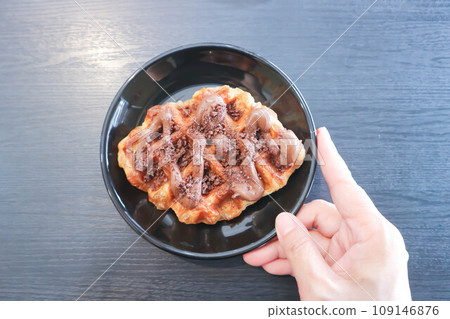 chocolate waffle or waffle with chocolate topping chocolate waffle or waffle with chocolate topping 109146876