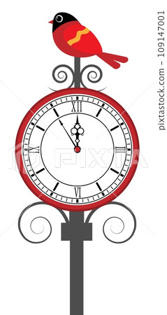 Christmas story time. Big red clock with a red bird. Christmas and New Year vector composition. Christmas story time. Big red clock with a red bird. Christmas and New Year vector composition. 109147001