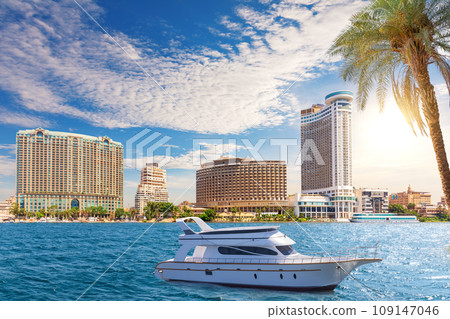 Fancy boat in the Nile by elite buildings of Cairo, Egypt 109147046