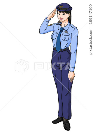 Young female police officer saluting_summer pants Young female police officer saluting_summer pants 109147100