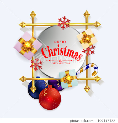 Christmas isolated design component,golden square frame with gift boxes Christmas isolated design component,golden square frame with gift boxes 109147122