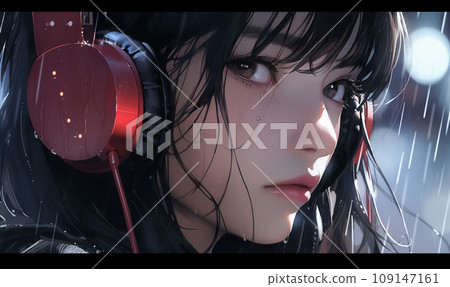 Beautiful woman wearing headphones in the rain 109147161