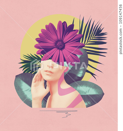 Abstract contemporary art design or portrait of young woman with flowers on face hides her eyes 109147456