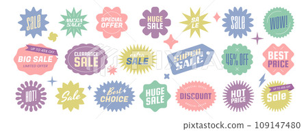 Pastel colored sunburst badges, price stickers callout or starburst sale labels 109147480