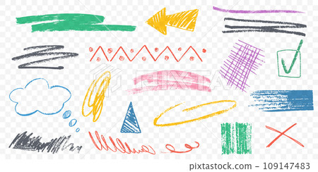 Hand drawing color charcoal pencil lines, crayon curly scribbles and squiggles 109147483