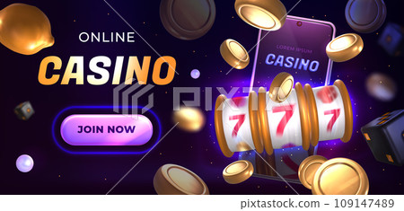 Online casino banner with slot machine, flying golden coins and smartphone 109147489