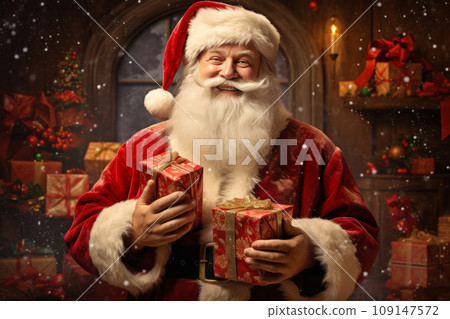 Cheerful Santa Claus with gift boxes on Christmas background 109147572