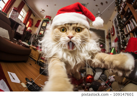 Cat left alone at home wreaks havoc in a room decorated for Christmas 109147601