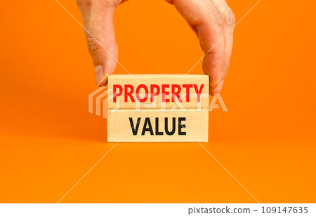 Property value symbol. Concept words Property value on beautiful wooden blocks. Beautiful orange table orange background. Businessman hand. Business property value concept. Copy space. 109147635
