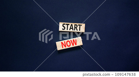 Start now symbol. Concept words Start now on beautiful wooden block. Beautiful black table black background. Business marketing, motivational start now concept. Copy space. 109147638