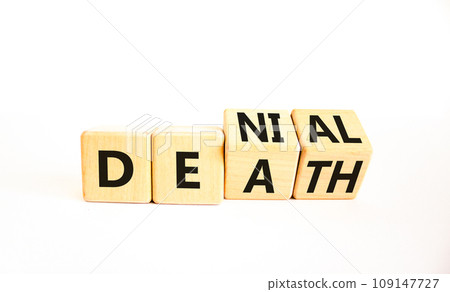 Denial death symbol. Concept words Denial Death on wooden block. Beautiful white table white background. Business denial death concept. Copy space. 109147727