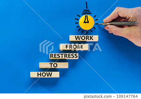 Restress from work symbol. Concept words How to restress from work on wooden blocks. Doctor hand. Beautiful blue background. Psychological business and restress from work concept. Copy space. Restress from work symbol. Concept words How to restress from work on wooden blocks. Doctor hand. Beautiful blue background. Psychological business and restress from work concept. Copy space. 109147764