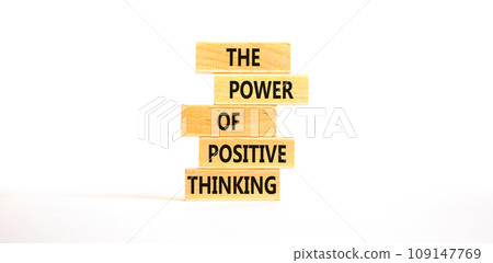 Positive thinking symbol. Concept words The power of positive thinking on wooden block. Beautiful white table white background. Business, motivational positive thinking concept. Copy space. 109147769