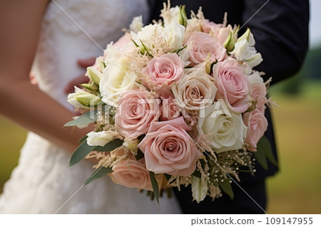 Bouquet of flowers in the hands of the bride with the groom 109147955