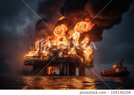 Fire on an oil rig in the sea or ocean 109148206