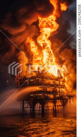 Fire on an oil rig in the sea or ocean 109148208