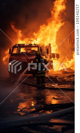 Firefighters next to a fire truck extinguishing a fire 109148257