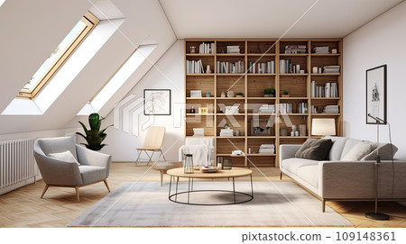 Interior in a modern country house. Arrangement and cozy atmosphere in the attic of a country house. Interior in a modern country house. Arrangement and cozy atmosphere in the attic of a country house. 109148361