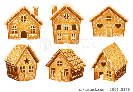 Cartoon gingerbread houses. Gingerbreads house, biscuit buildings cooking ginger bread icing candy cookie for christmas holiday, sugar sweet decoration neoteric vector illustration 109148376