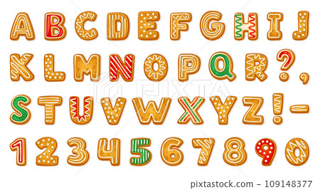 Gingerbread alphabet. Biscuit letters and numbers text communication, xmas cookie font tasty ginger bread typography, christmas holiday abc lettering neoteric vector illustration Gingerbread alphabet. Biscuit letters and numbers text communication, xmas cookie font tasty ginger bread typography, christmas holiday abc lettering neoteric vector illustration 109148377