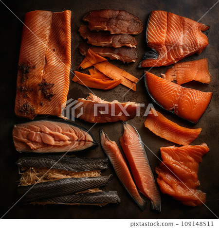 Smoked fish background, appetizing fresh pieces of red and white smoked fish on black, flatley, culinary background for packaging design and advertising Smoked fish background, appetizing fresh pieces of red and white smoked fish on black, flatley, culinary background for packaging design and advertising 109148511
