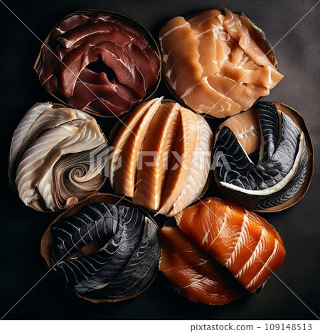 Smoked fish background, appetizing fresh pieces of red and white smoked fish on black, flatley, culinary background for packaging design and advertising Smoked fish background, appetizing fresh pieces of red and white smoked fish on black, flatley, culinary background for packaging design and advertising 109148513