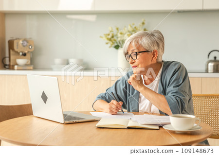 Online education courses webinar concept. Middle aged senior woman using laptop computer writing notes. Focused mature old woman enjoying studying online from home written records doing online work 109148673
