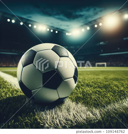 ball on the green field in soccer stadium. ready for game in the midfield - soccer ball close-up 109148762