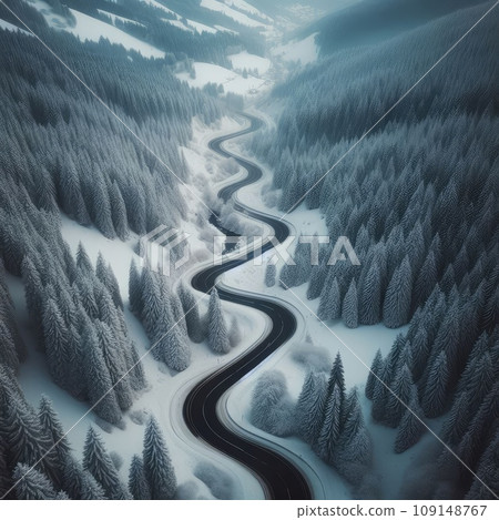 Snow covered trees and road line, aerial drone photo Snow covered trees and road line, aerial drone photo 109148767