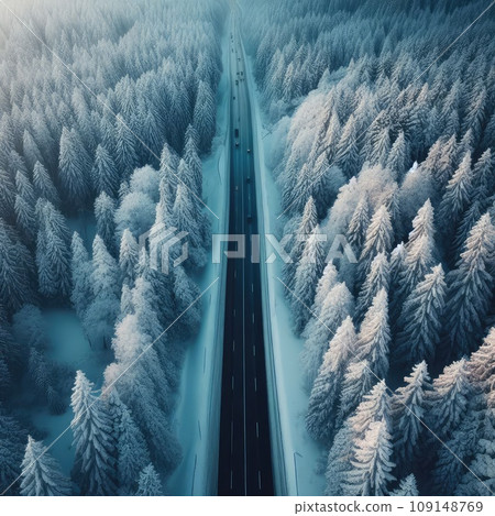 Snow covered trees and road line, aerial drone photo Snow covered trees and road line, aerial drone photo 109148769