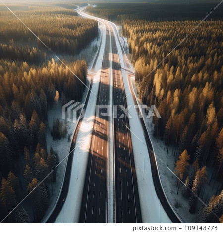 Snow covered trees and road line, aerial drone photo Snow covered trees and road line, aerial drone photo 109148773