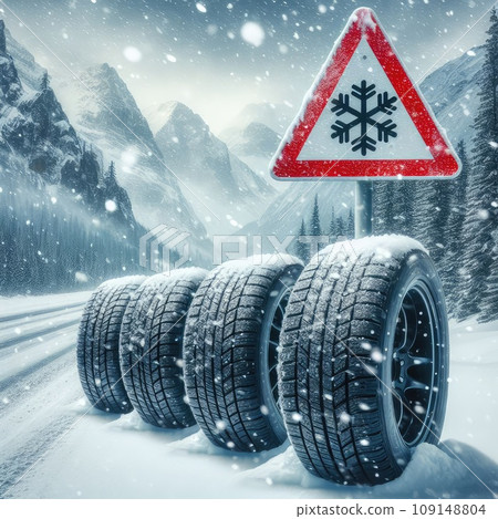 close up different winter tires on a snowy road in the mountains - snow storm 109148804