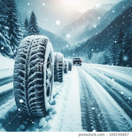 close up different winter tires on a snowy road in the mountains - snow storm close up different winter tires on a snowy road in the mountains - snow storm 109148807