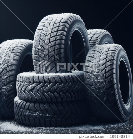 new tire with modern tread on black background brightly lit from above 109148814