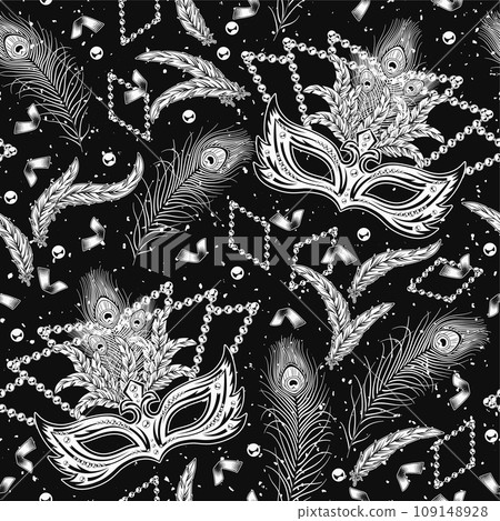 Carnival Mardi Gras seamless pattern with masquerade mask, peacock feathers, confetti, scattered beads. Festive holiday design. Vintage monochrome illustration on black background. Not AI Carnival Mardi Gras seamless pattern with masquerade mask, peacock feathers, confetti, scattered beads. Festive holiday design. Vintage monochrome illustration on black background. Not AI 109148928