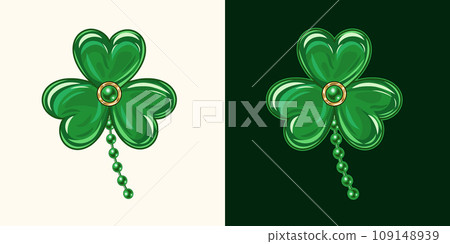 Clover, shamrock for St Patrick's Day decoration. Clover like jewelry enamel brooch. Vintage illustration. 109148939