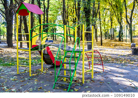 Photography on theme empty playground with metal slide for kids Photography on theme empty playground with metal slide for kids 109149010