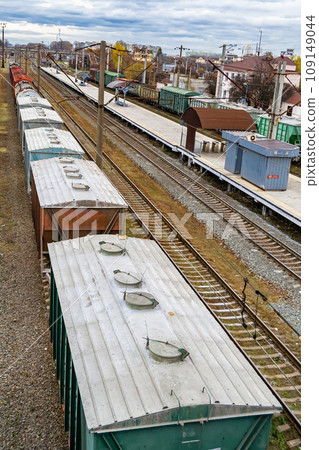 Photography to theme railway track after passing train on railroad Photography to theme railway track after passing train on railroad 109149044