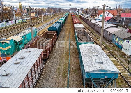 Photography to theme railway track after passing train on railroad Photography to theme railway track after passing train on railroad 109149045