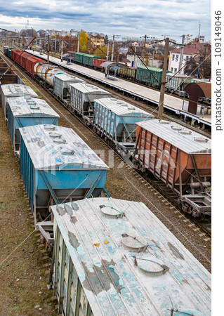 Photography to theme railway track after passing train on railroad Photography to theme railway track after passing train on railroad 109149046