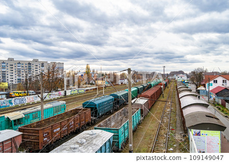 Photography to theme railway track after passing train on railroad Photography to theme railway track after passing train on railroad 109149047