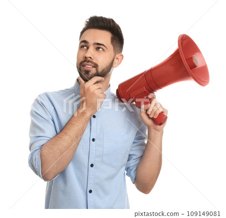 Young man with megaphone on white background Young man with megaphone on white background 109149081