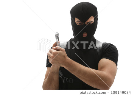 Professional killer with gun on white background 109149084