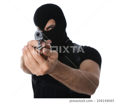 Professional killer with gun on white background 109149085